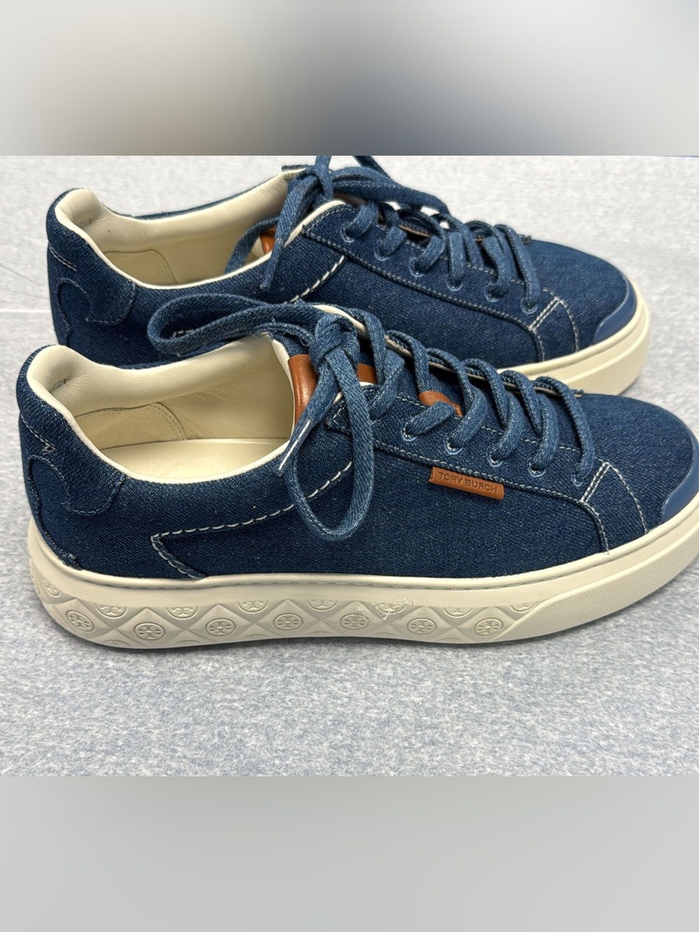 Tory Burch Blue Denim Low-Top Sneakers with Cream Soles